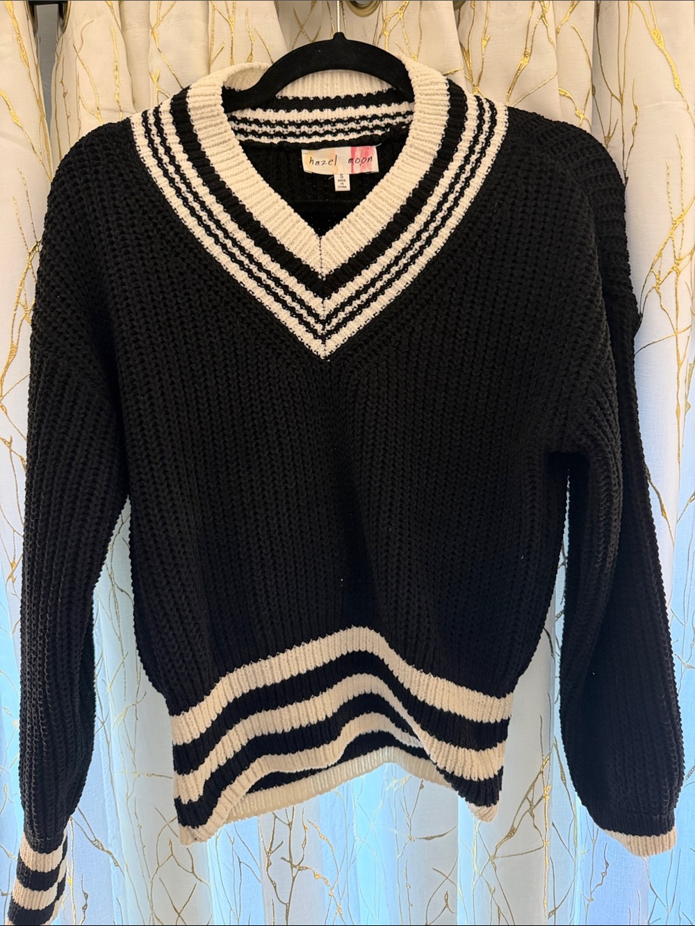 Black V-Neck Sweater with Cream Stripe Trim